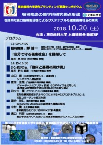 東京⻭科⼤学研究ブランディング事業シンポジウム「顎⾻疾患の集学的研究拠点形成」〜包括的な顎⼝腔機能回復によるサステナブルな健康⻑寿社会の実現〜（2018年10月20日（土）、講師：鄭　雄⼀・東　俊⽂・新⾕誠康・⼭⼝　朗・菅原圭亮・四ツ⾕　護・国分栄仁・中村　貴・溝⼝利英）